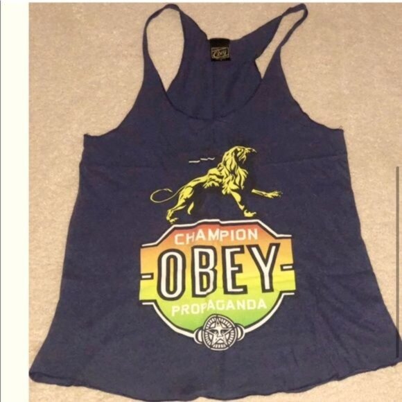 OBEY-WOMEN BLUE FRONT GRAPHIC RACE BACK TANK SIZE MEDIUM - Picture 1 of 3